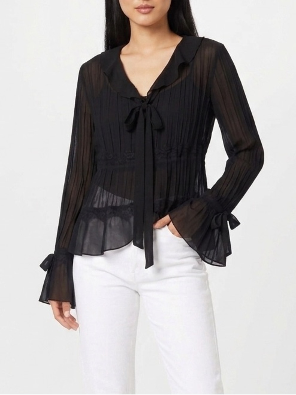 Bay Studio Black Sheer Tie-Neck Ruffle Blouse